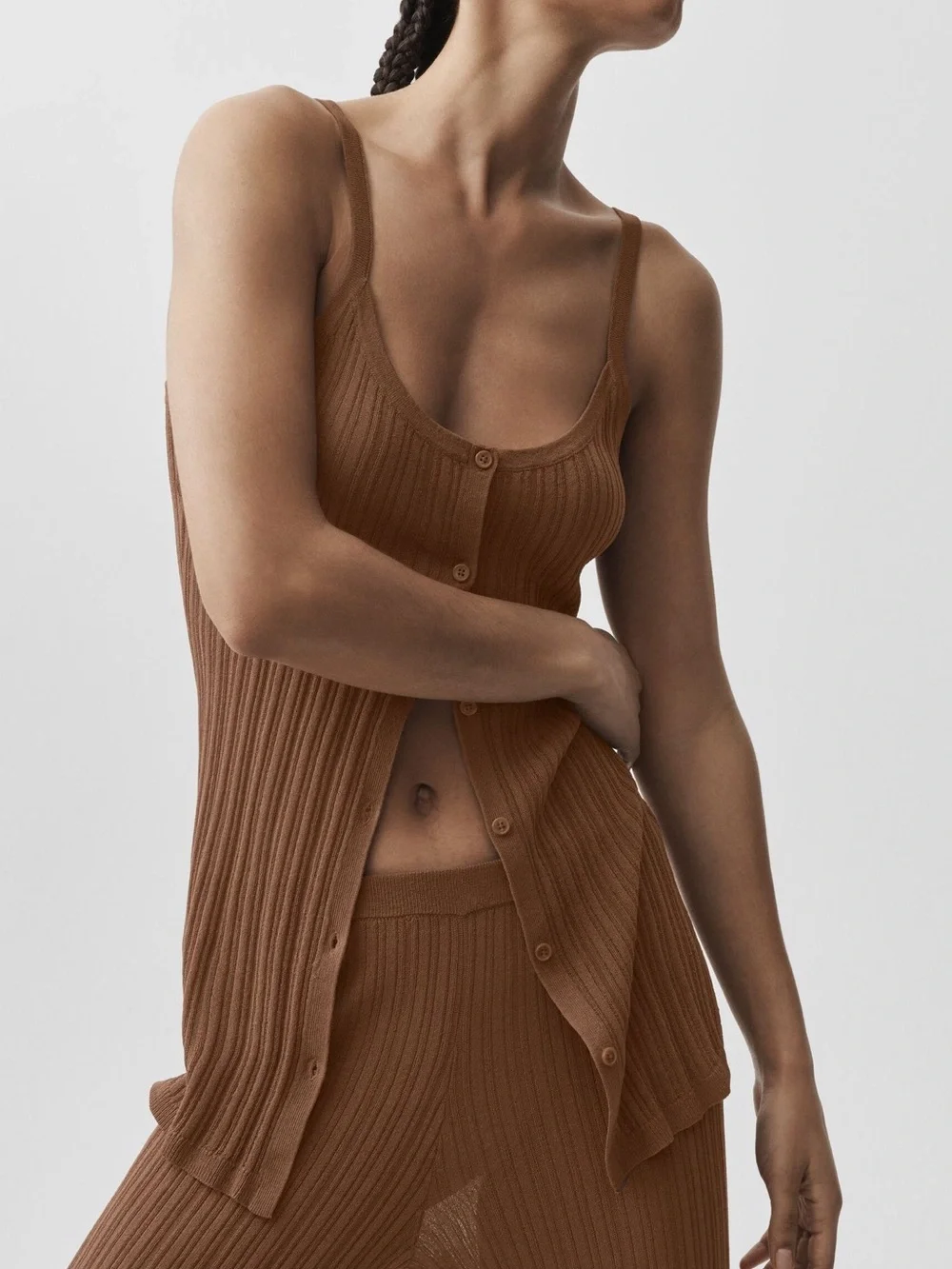 Alo Sunlit Button Down Tank Brown Summer Knit Tank Vacation Sexy Semi Sheer L